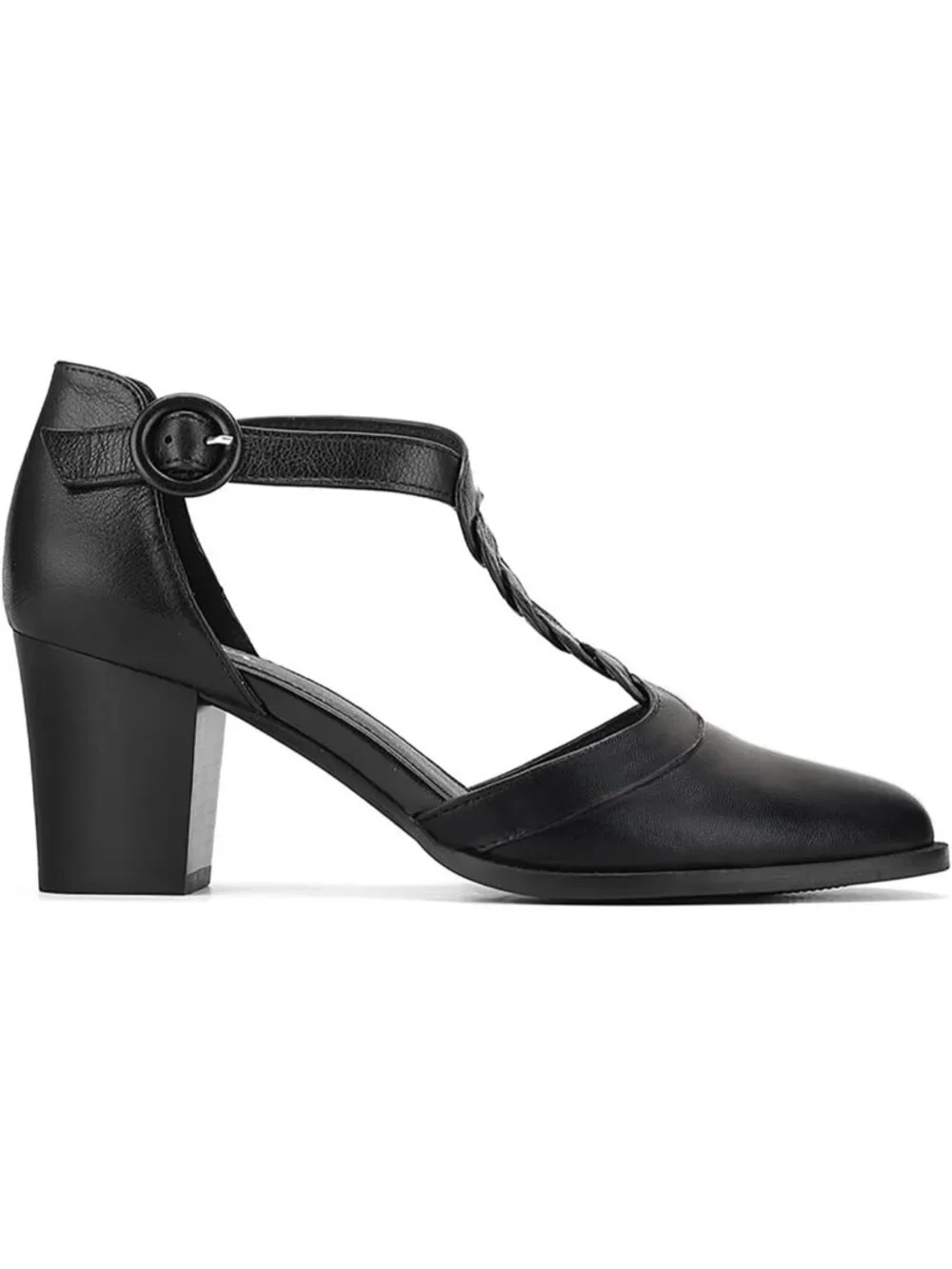 Women's Black Chunky Heels T Strap Pointed Toe Stacked Heeled Sandals Pumps